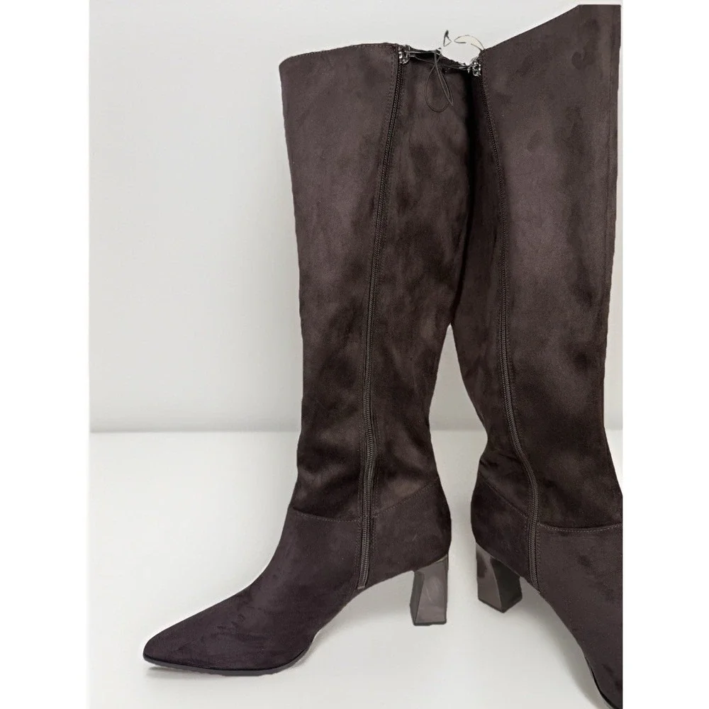 DKNY Salem Boots Dark Brown Witchy Pointed‎ Toe Knee High Chunky Heeled Boots 10